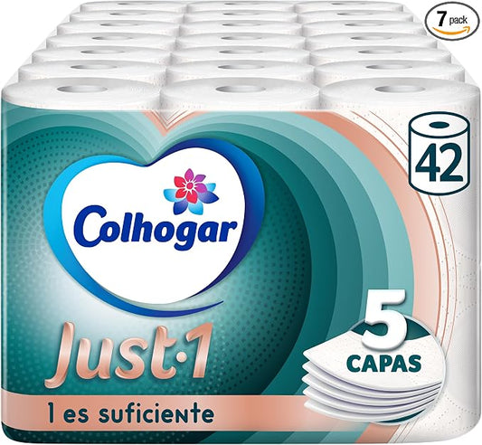 Colhogar Just 1x42 - Extra Absorbent Toilet Paper - Pack of 6 Rolls - 5-Ply Bath Paper - Ultra Soft for Maximum Comfort - White (7x6)
