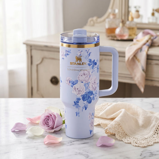 Stanley x LoveShackFancy 40oz Quencher Tumbler Blue Everblooming Rosettes